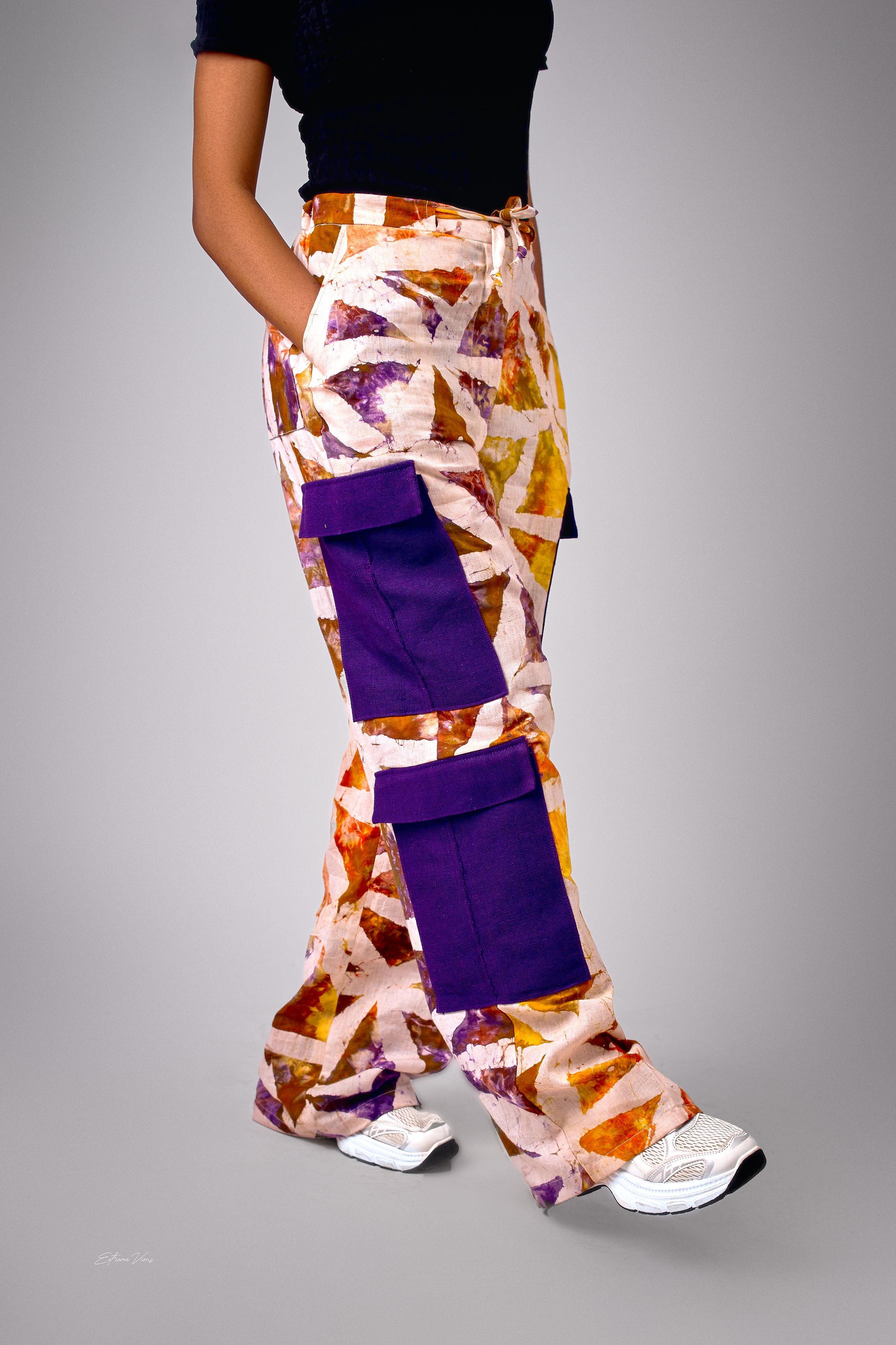Adire and plain Aso oke cargo pants