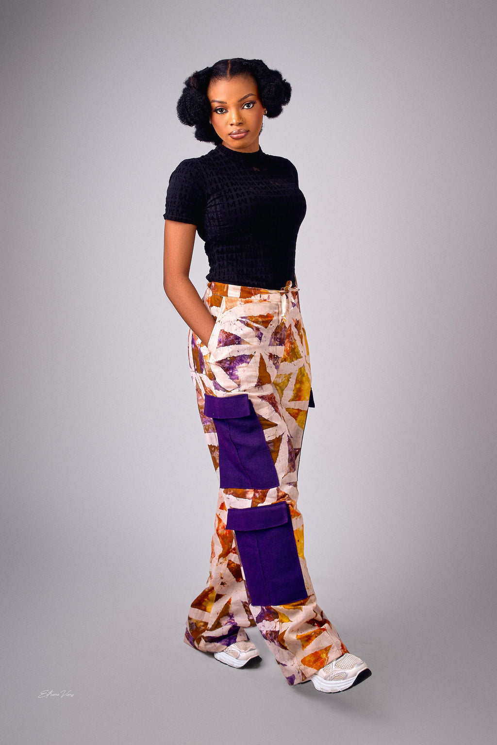 Adire and plain Aso oke cargo pants