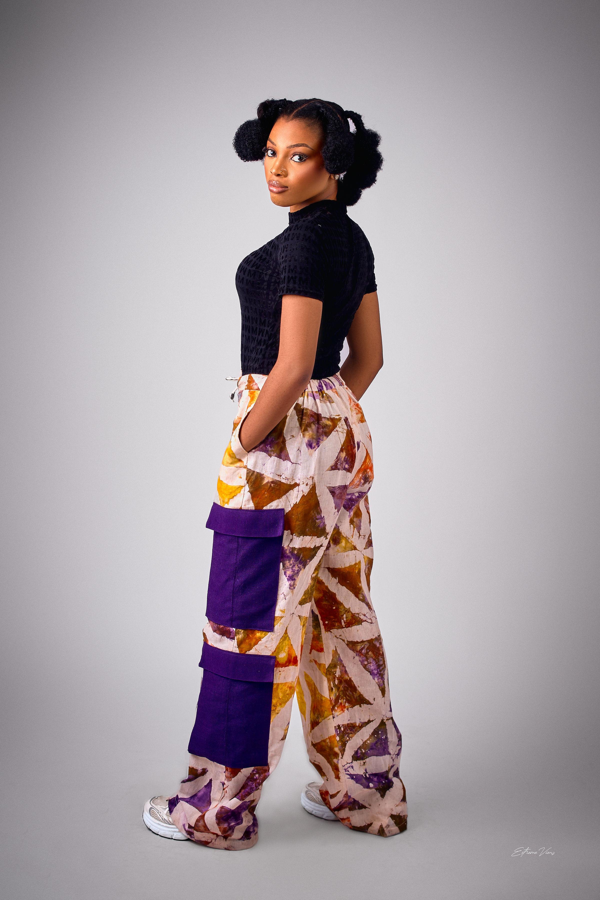 Adire and plain Aso oke cargo pants