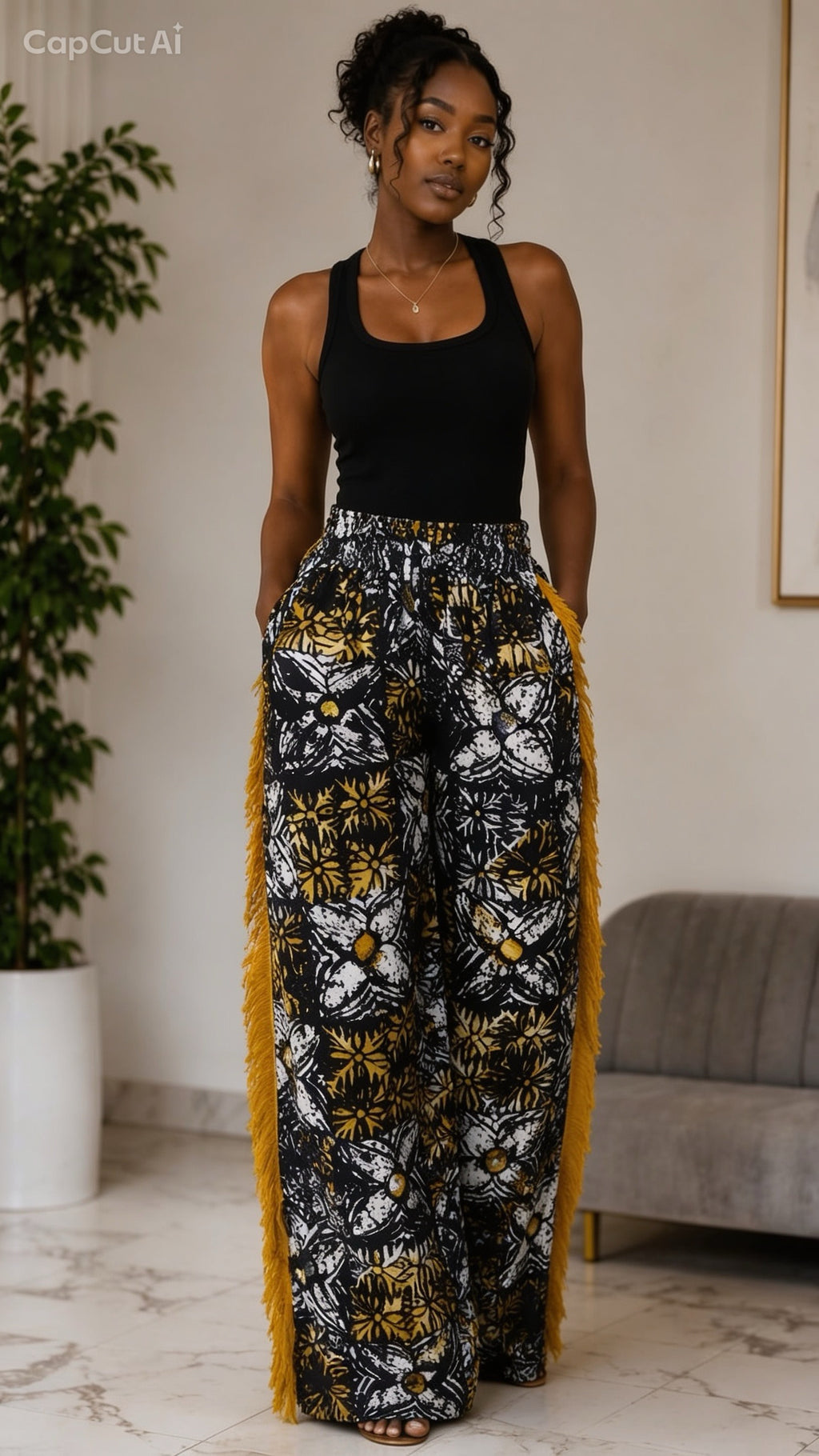 Adire side frills pant